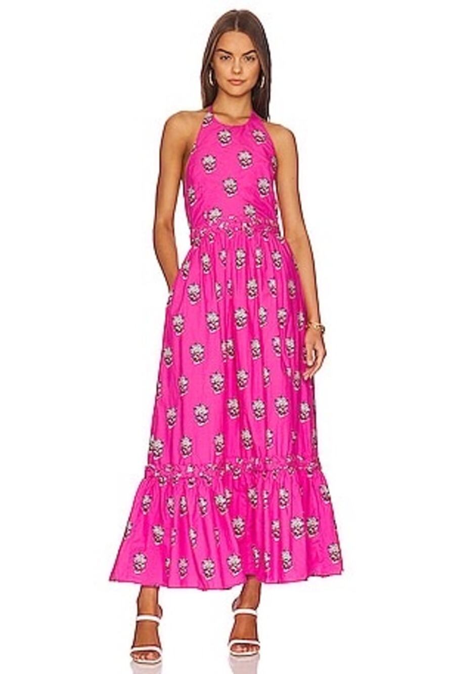 RHODE Hot Pink Marigold Flower Print Halter Style Salena Maxi Dress Size XS